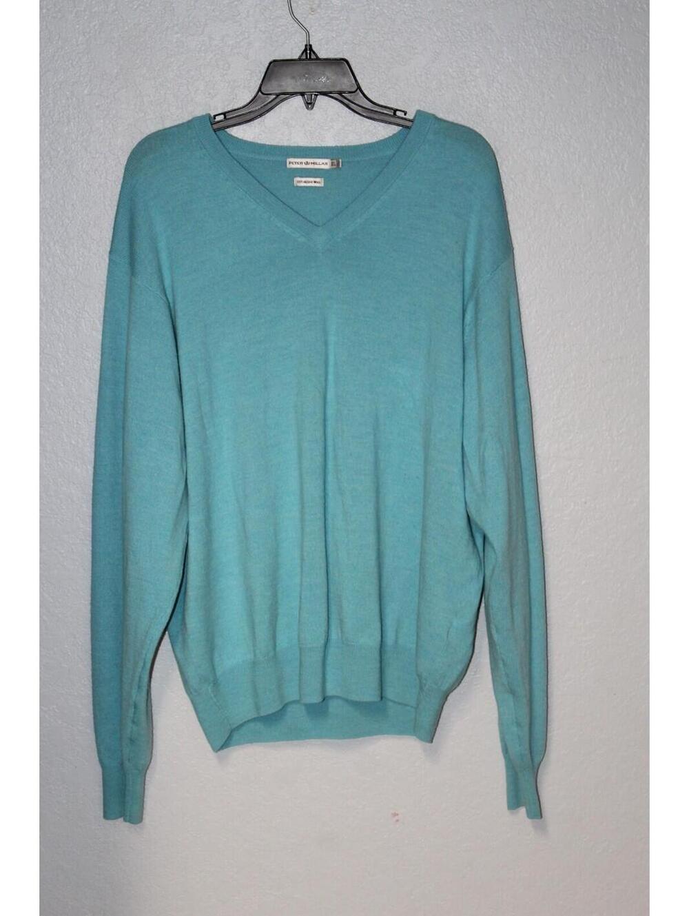 Peter Millar Sweater Men XL Teal Green 100% Merino Wool Pullover V Neck